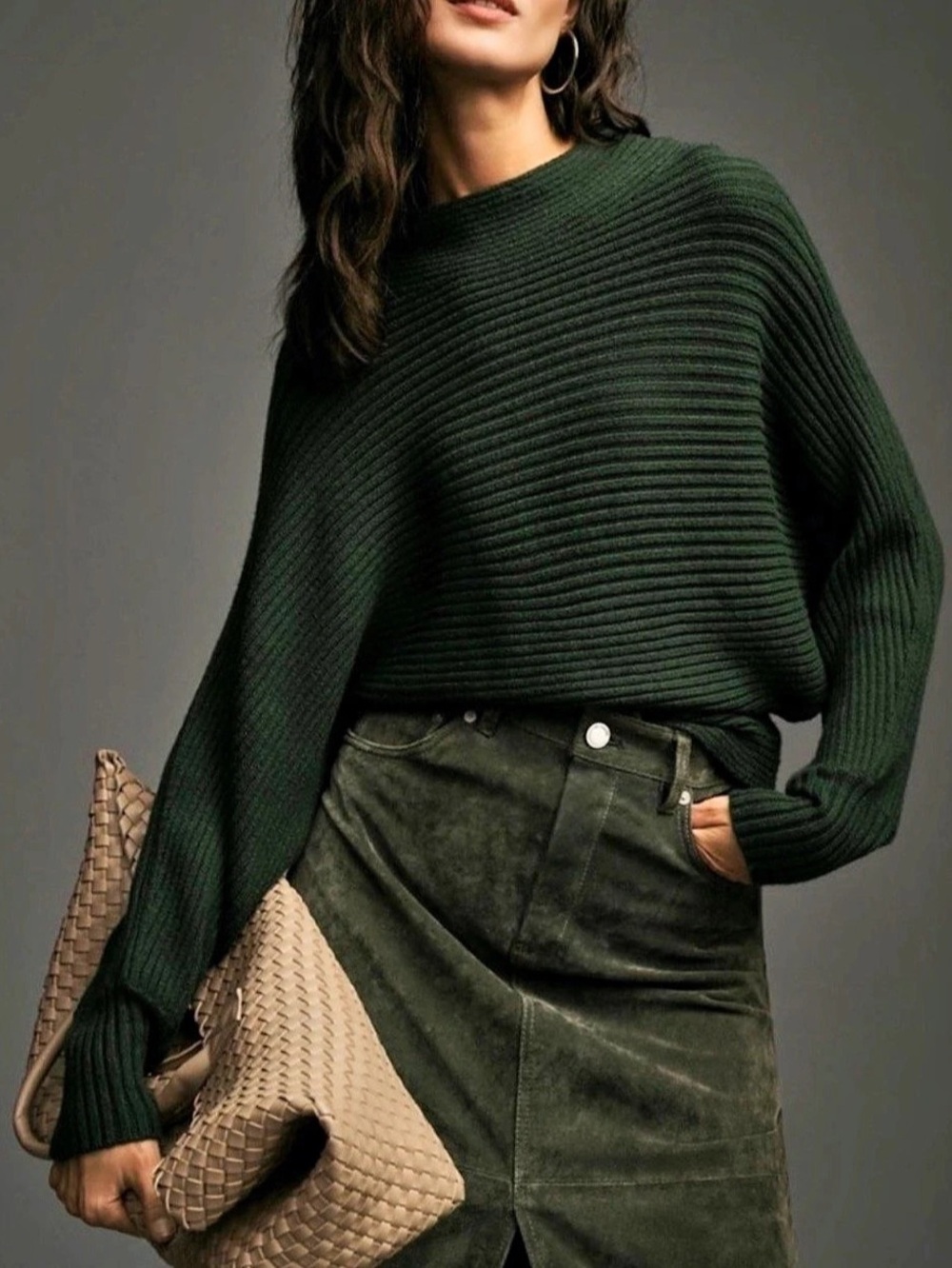 Pilcro Kendall Mock-Neck Sweater Ribbed Mock-Neck Sweater in Green Size Small